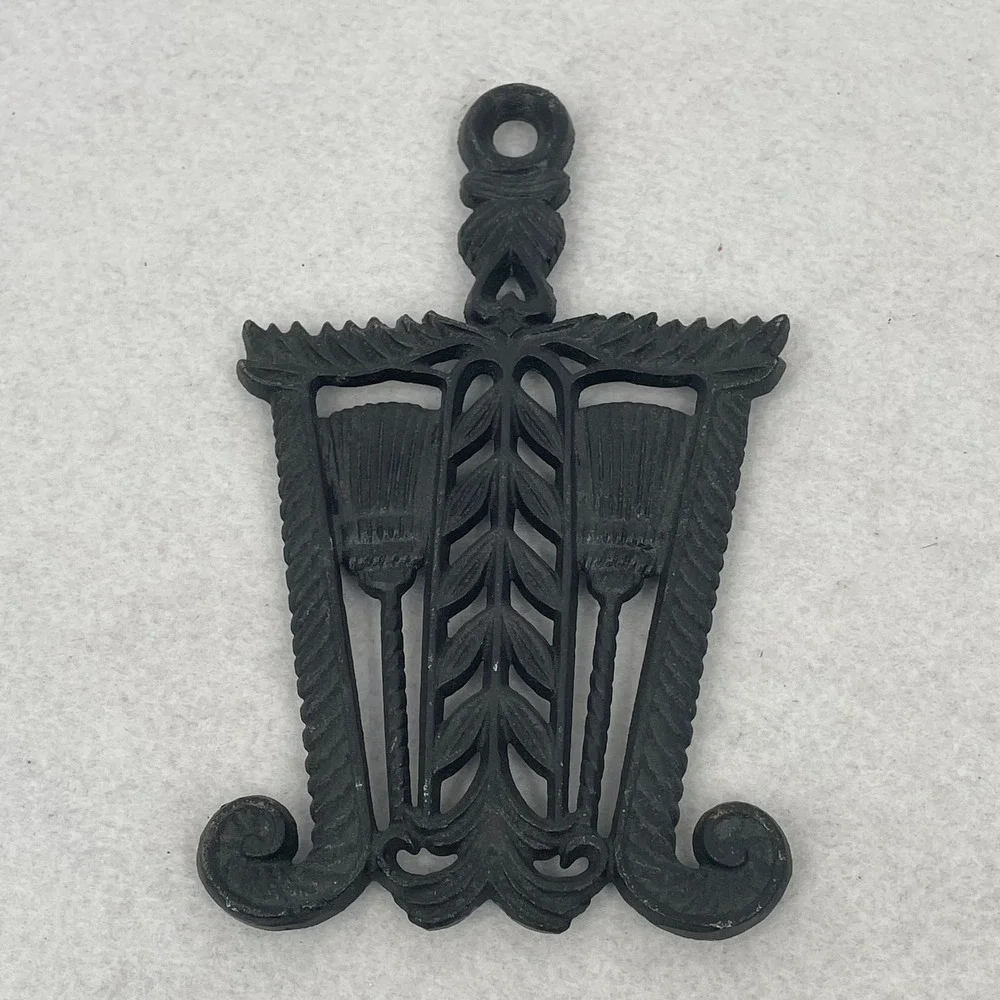 Vintage Cast Iron Trivet Double Broom Wheat Design Black Made in Japan Decor